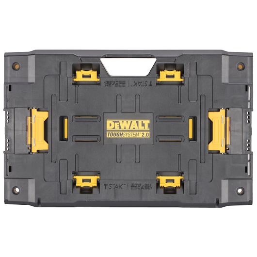 DEWALT ToughSystem 2.0 black tool storage box with yellow latches and handle, shown from the top view.