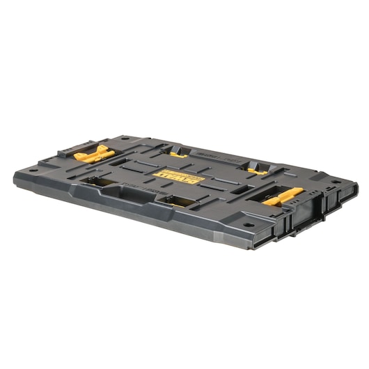 Flat black DEWALT photography case with yellow accents, durable plastic, secure latches, designed for tool storage.