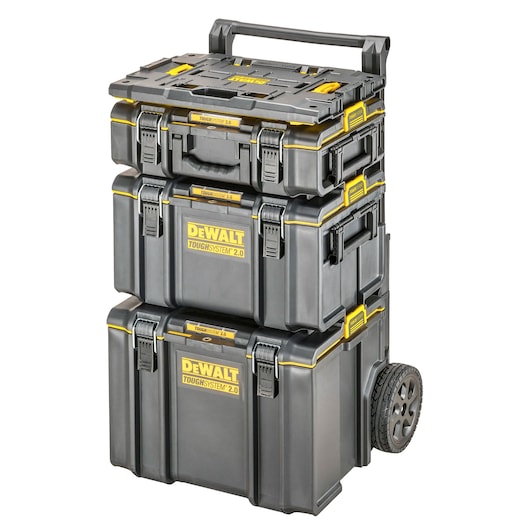 Stacked DEWALT ToughSystem 2.0 toolboxes on a wheeled cart, black with yellow trim, three boxes total.
