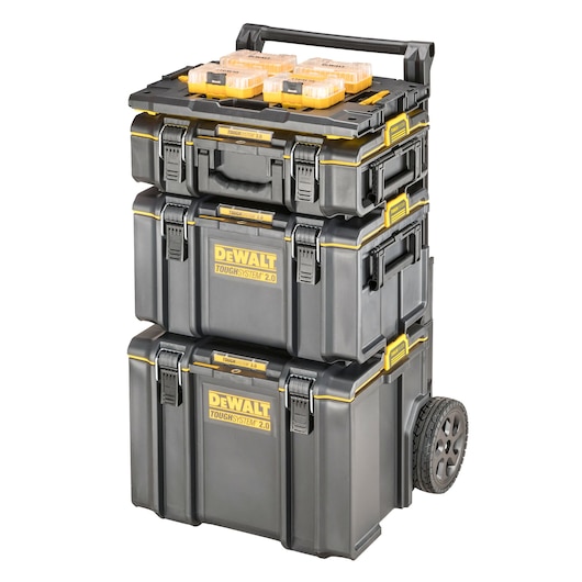 Stacked DEWALT ToughSystem 2.0 toolboxes on wheels with clear organizers on top.