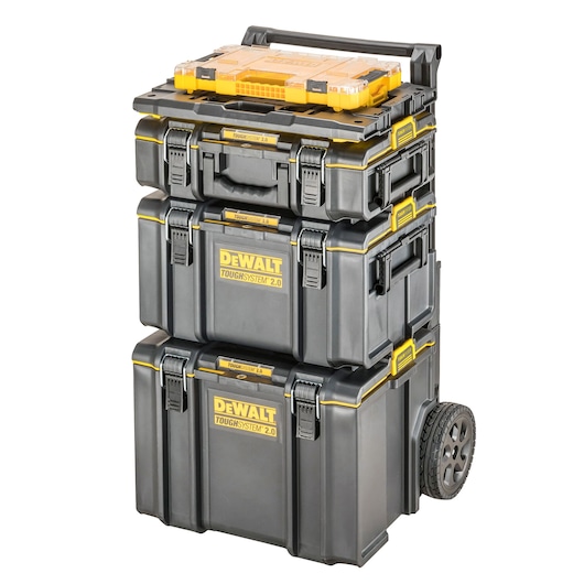 Stacked DEWALT ToughSystem 2.0 black and yellow toolboxes with wheels and handle for portable storage.