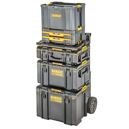 Stacked DEWALT ToughSystem 2.0 toolboxes with wheels, black and yellow, for organized tool storage.