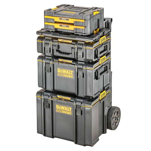 Stacked DEWALT ToughSystem 2.0 toolboxes with wheels, suitable for secure and portable tool storage.