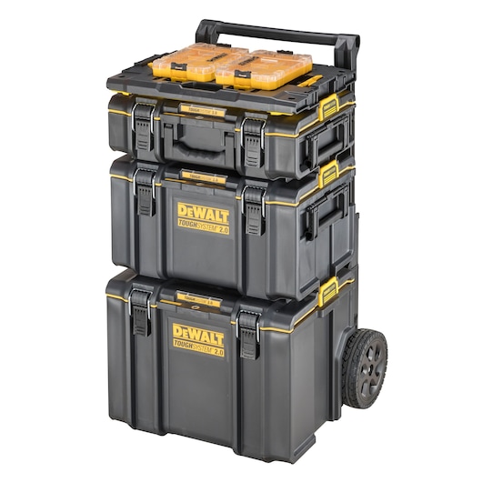 Stacked DEWALT ToughSystem 2.0 toolboxes on wheels, with organizer case on top.