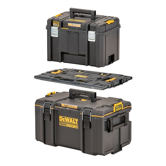 Three DEWALT black and yellow tool storage boxes, stacked, with handles and sturdy latches.