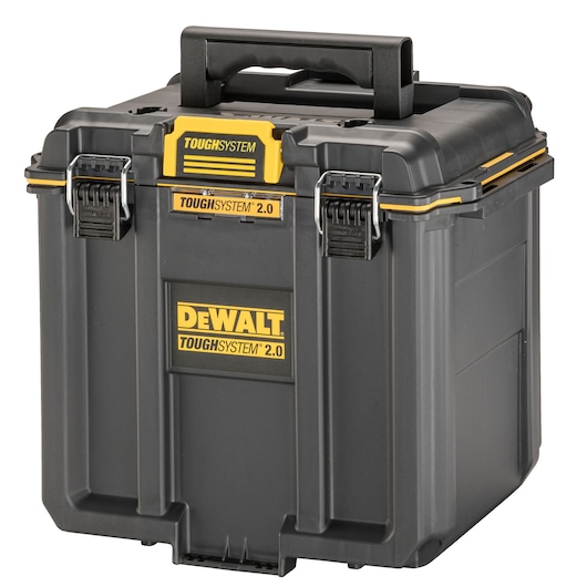 A DEWALT ToughSystem 2.0 storage box with a black and yellow design, featuring a sturdy handle and secure metal latches.