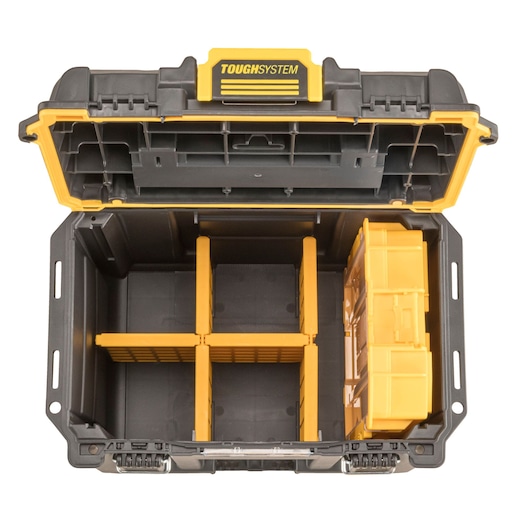 Open DEWALT ToughSystem tool box with dividers and a removable yellow organizer tray inside.