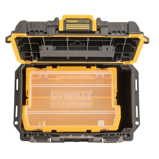 Open DEWALT ToughSystem 2.0 tool case showing the interior and a transparent compartment tray.