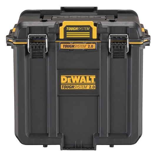 Front view of a DEWALT ToughSystem 2.0 black and yellow tool storage case with sturdy latches and carrying handles.