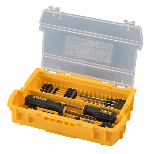 A yellow DEWALT toolbox with a transparent lid, containing various screwdrivers, drill bits, and other small tools organized inside.