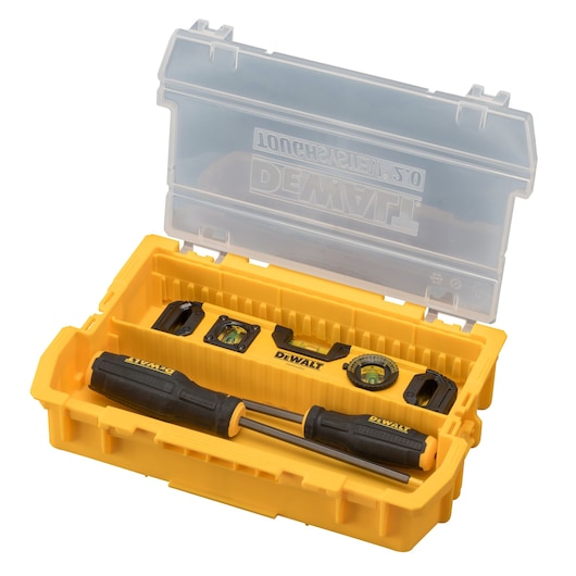 A DEWALT yellow plastic tool box with a transparent lid, containing a set of tools including screwdrivers, a spirit level, a measuring tape and other small hand tools.