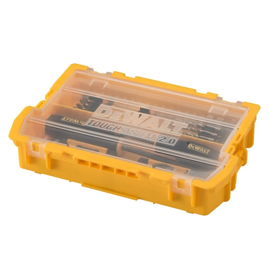 A yellow DEWALT ToughSystem 2.0 plastic tool case with a transparent lid, containing an organized set of drill bits and accessories.
