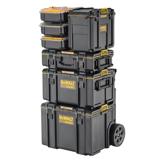 A stacked set of DEWALT ToughSystem 2.0 storage boxes, including a wheeled base unit and several modular cases with yellow accents, designed for tool organization and transport.