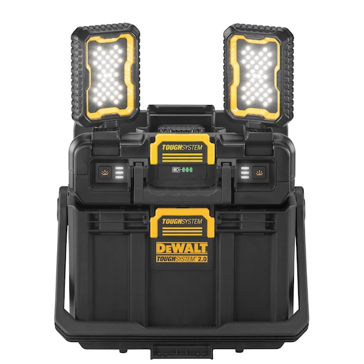DEWALT ToughSystem 2.0 storage box with two LED work lights attached on top, black and yellow design.