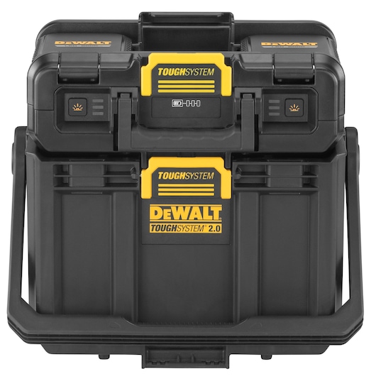 Front view of a DEWALT ToughSystem 2.0 black tool storage box with yellow latches and logo.
