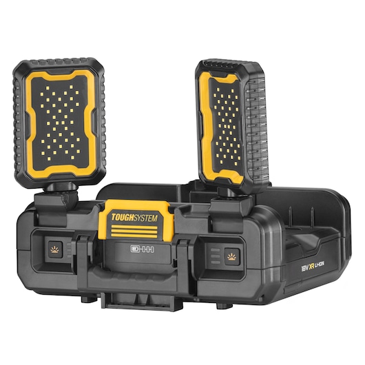 DEWALT ToughSystem portable LED work light, shown with two adjustable light panels on a sturdy black and yellow case.