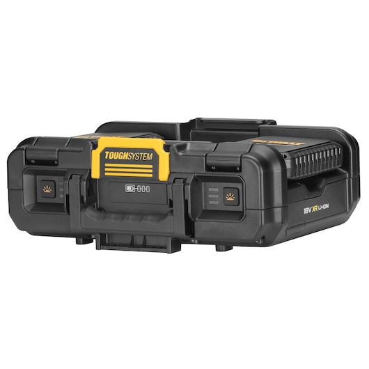DEWALT ToughSystem black and yellow storage box with handle and latches, designed for tool and equipment protection.
