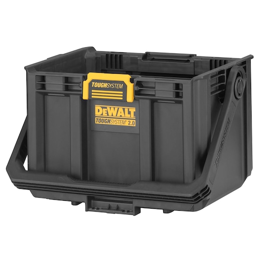 Black DEWALT ToughSystem 2.0 storage box with yellow logo and handle, suitable for tools and accessories.