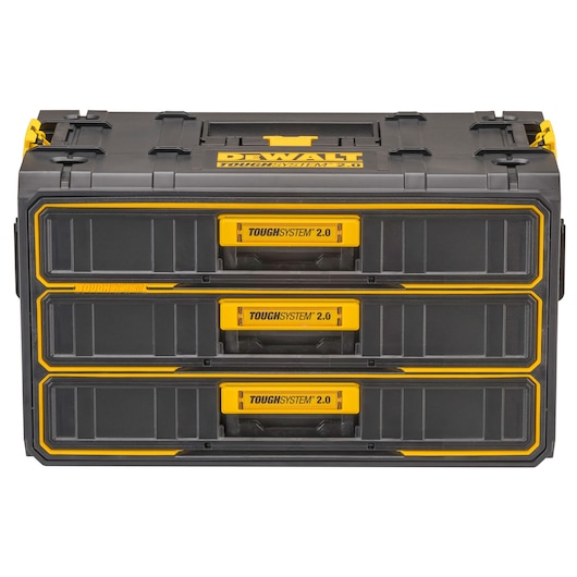 DEWALT ToughSystem 2.0 storage box with three drawers, black and yellow, durable for storing tools and accessories.