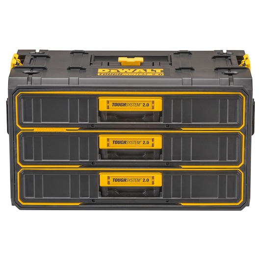 DEWALT ToughSystem 2.0 storage box with three black drawers and yellow handles.