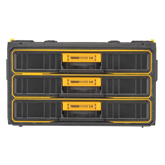 DEWALT ToughSystem 2.0 storage box with three drawers, black and yellow, for tool organization.