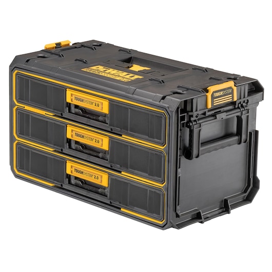 Black DEWALT ToughSystem 2.0 tool storage box with three drawers and yellow details.