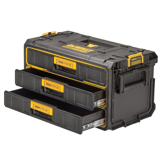 DEWALT ToughSystem 2.0 storage box with three open black drawers, yellow handles, and side handle.