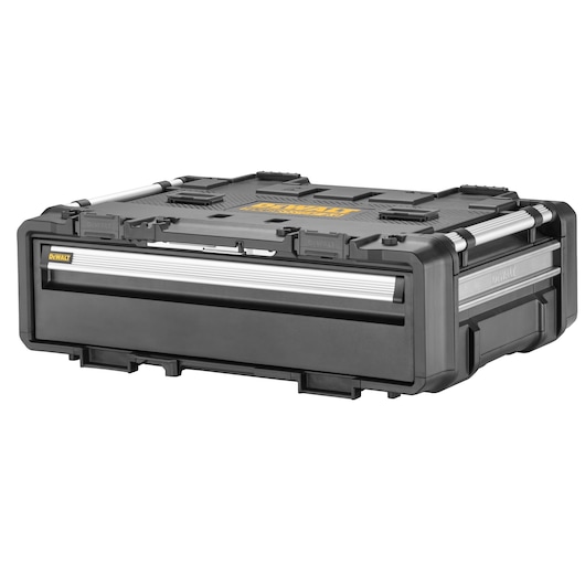 DEWALT black tool storage case with metal handle and drawer, shown closed on a white background.