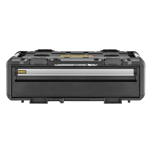 DEWALT black tool case with metal drawer, front view, suitable for storage and organization.