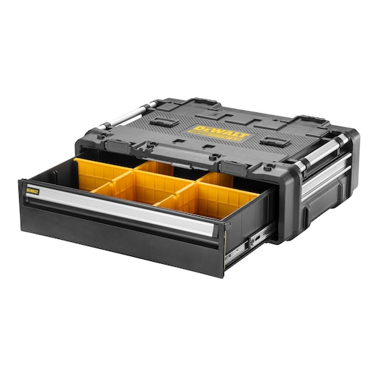 DEWALT black toolbox with open drawer showing yellow divided compartments for organized storage.