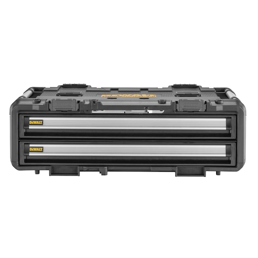 DEWALT black tool box with two metal drawers, front view, durable for storage and transport.