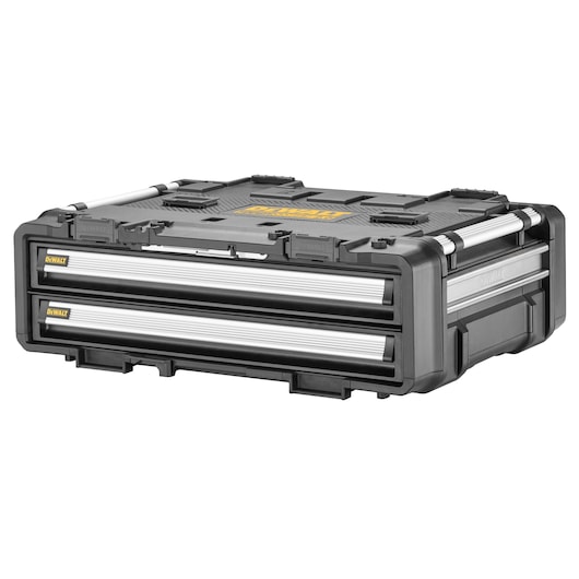 DEWALT hard plastic toolbox with two metal drawers, black and yellow, portable and sturdy for tool storage.