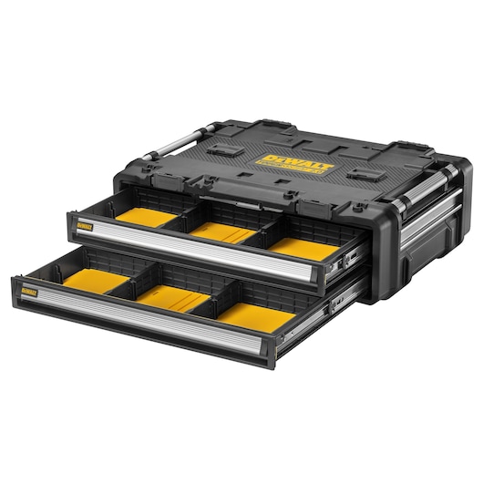 DEWALT storage box with two open drawers and yellow dividers, suitable for organizing tools and accessories.