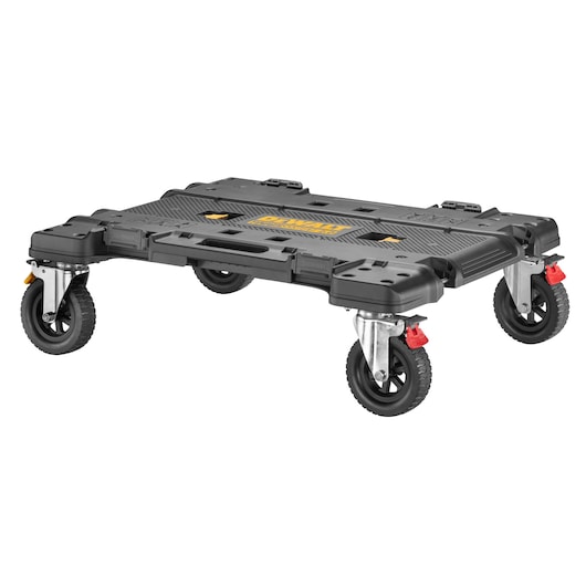 Black DEWALT rolling platform with four wheels for transporting heavy items, seen on a white background.