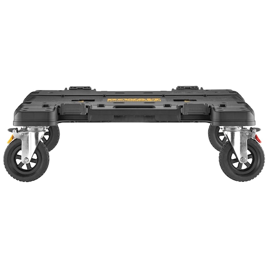 DEWALT wheeled platform trolley with four swivel wheels, designed for tool transport and storage, black and yellow.