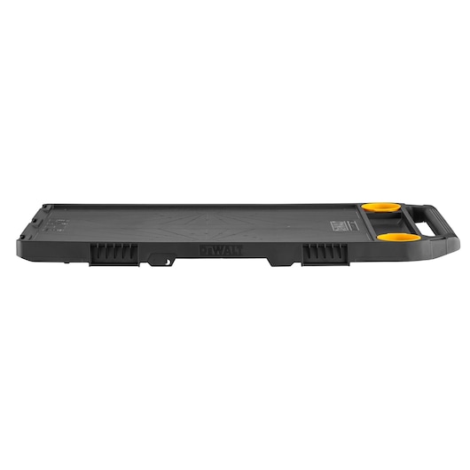 DEWALT DWST08550-1 black flat tool tray with handle and two yellow round holders, viewed from the side.