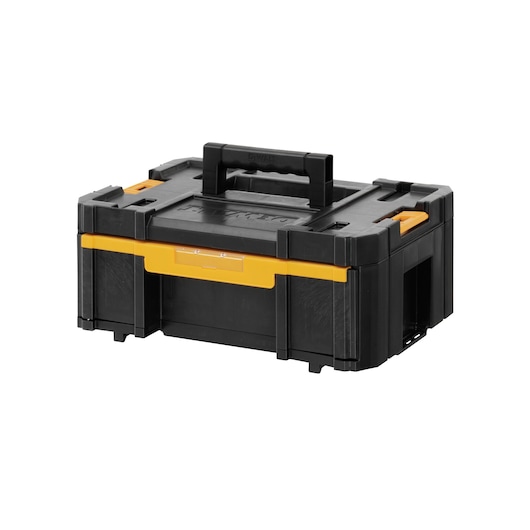 Black and yellow DEWALT toolbox with a central handle. Durable design for tool storage and transport.