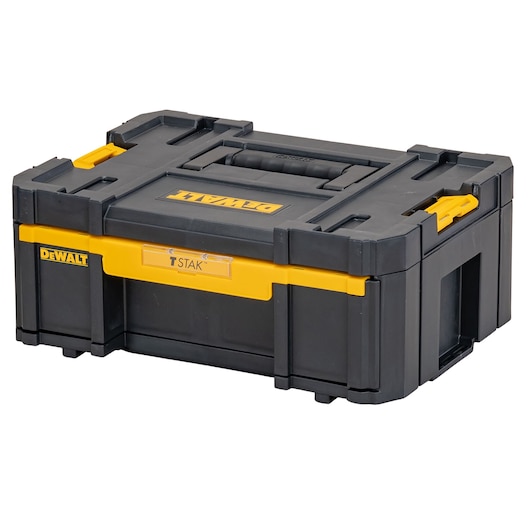 DEWALT TSTAK black and yellow portable toolbox with handle, used for storing and organizing tools.