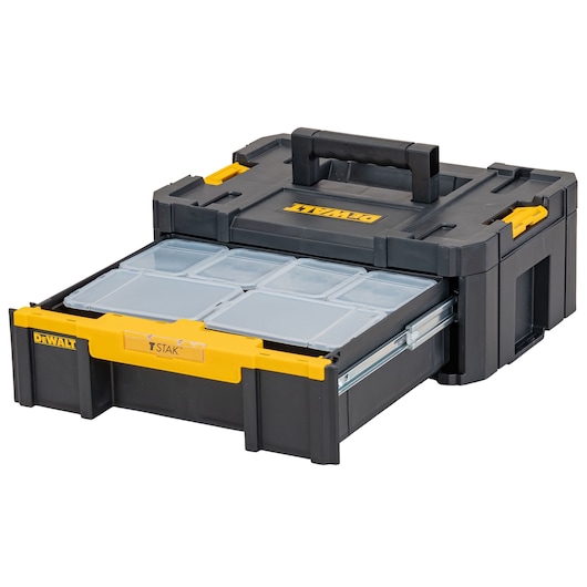 DEWALT TSTAK black toolbox with yellow accents and open drawer showing multiple storage compartments.