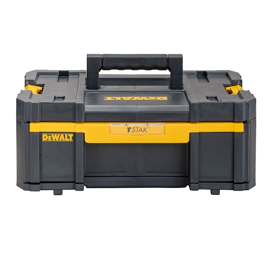 Black and yellow DEWALT TSTAK toolbox with carrying handle, shown on a white background.