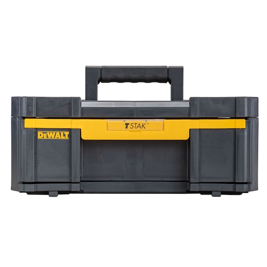 DEWALT TSTAK black and yellow tool storage box with handle, shown closed.