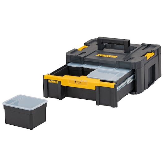 DEWALT toolbox with open drawer, plastic storage boxes inside and one placed outside.