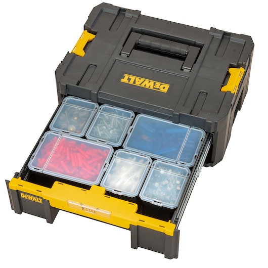 DEWALT organizer box with a slide-out tray containing multiple compartments and assorted fasteners.