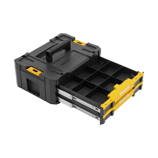 DEWALT storage box with two yellow drawers open, showing multiple compartments for tool organization.