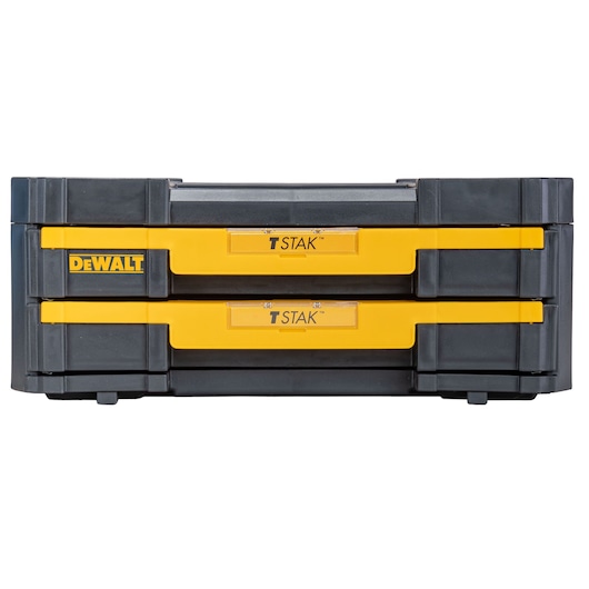 DEWALT TSTAK storage box with two yellow drawers, sturdy black sides, front view shown.