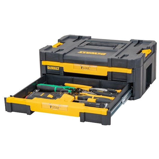 DEWALT TSTAK storage box with open drawer, filled with assorted tools, black and yellow design.