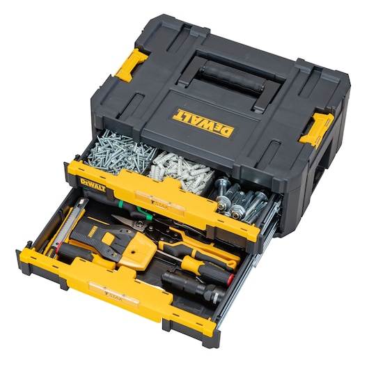DEWALT black and yellow tool box with open drawers showing tools, screws, and fasteners.