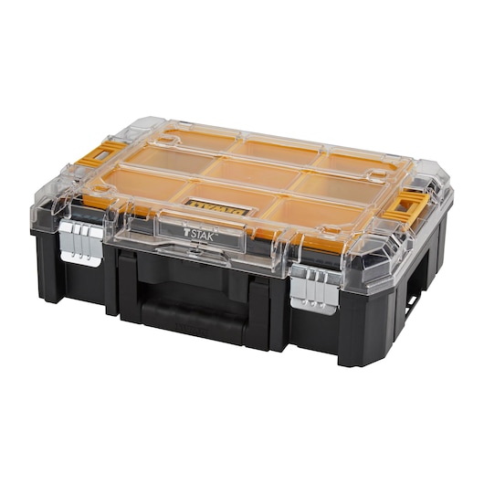 DEWALT TSTAK organizer box with clear lid and multiple storage compartments.