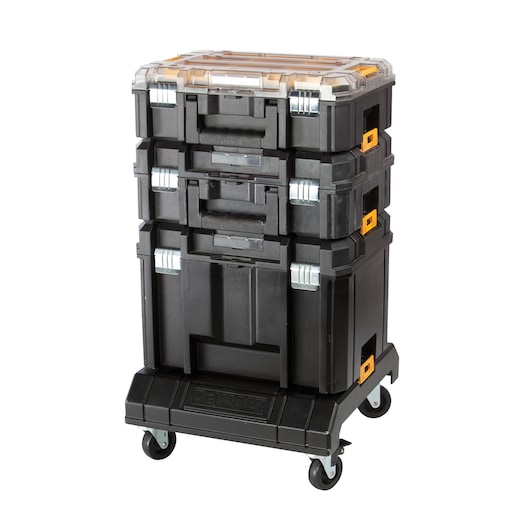 DEWALT stackable black tool storage boxes on wheels, three units with handles and latches, mobile organizer.