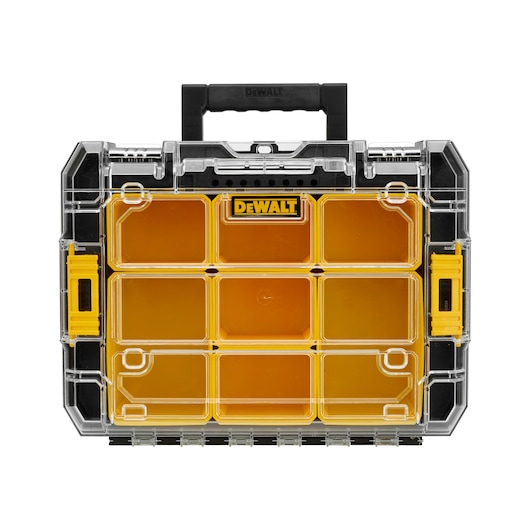 DEWALT yellow organizer case with clear lid and nine compartments, suitable for storing small parts and accessories.